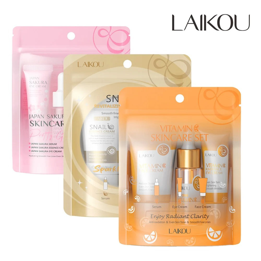 LAIKOU Sakura Snail Vitamin C Skincare Trio – Essence Serum, Eye Cream & Moisturizing Face Cream