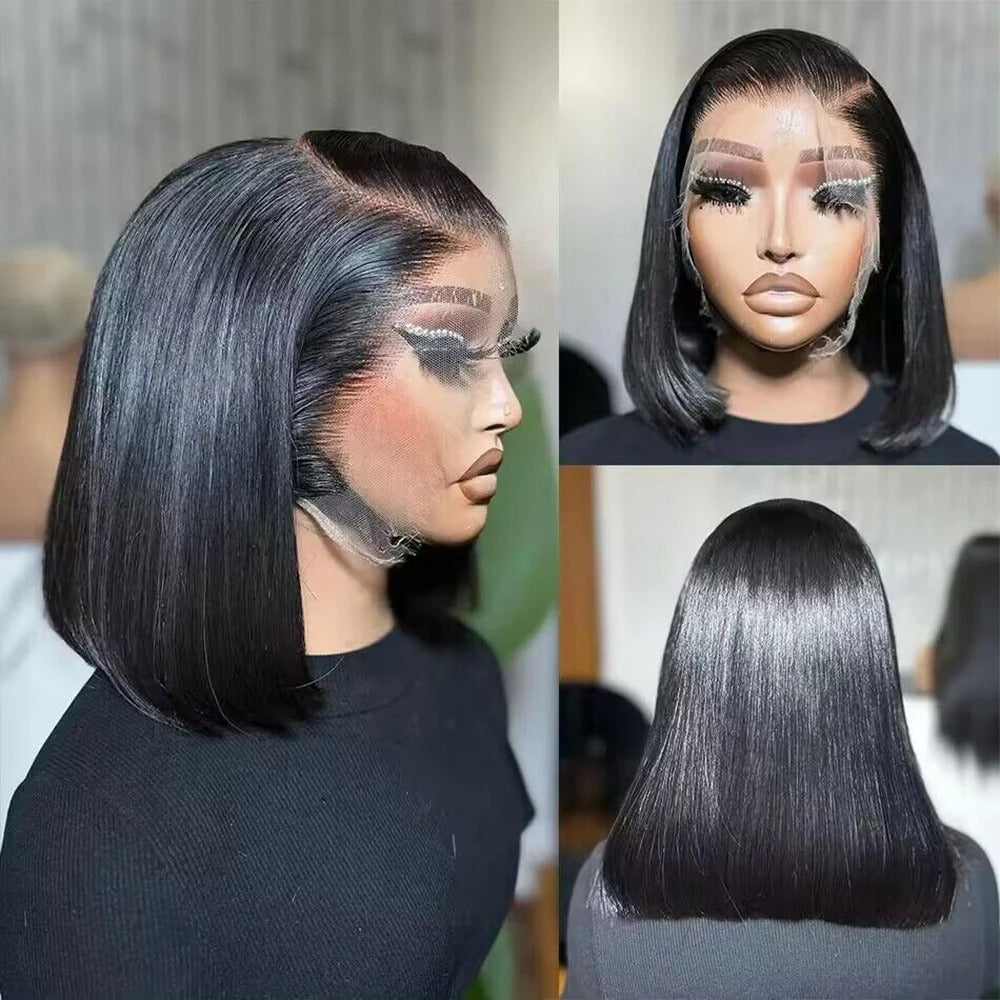 Short Bob Straight Full Lace Frontal Wig – 13x4 Brazilian Remy Hair, 200% Density, HD Transparent Lace