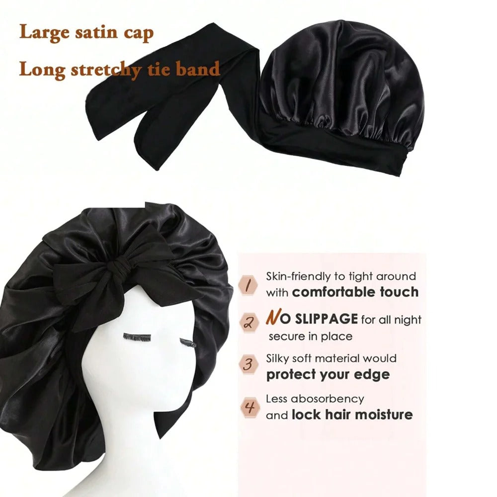 Satin Silk Hair Bonnet with Tie Band – Adjustable Sleep Cap for All Hair Types