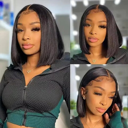 Short Bob Straight Full Lace Frontal Wig – 13x4 Brazilian Remy Hair, 200% Density, HD Transparent Lace