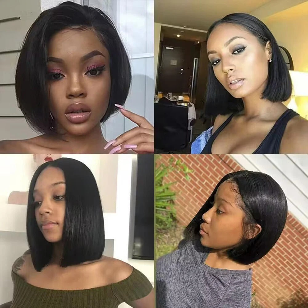 Short Bob Straight Full Lace Frontal Wig – 13x4 Brazilian Remy Hair, 200% Density, HD Transparent Lace