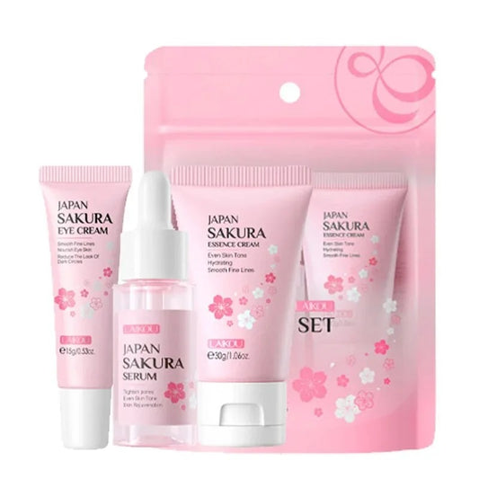 LAIKOU Sakura Snail Vitamin C Skincare Trio – Essence Serum, Eye Cream & Moisturizing Face Cream